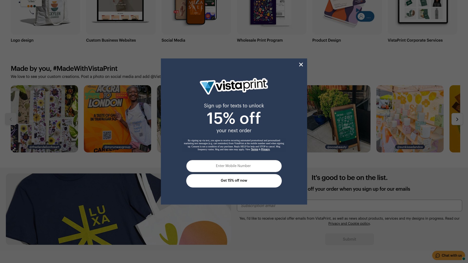 Screenshot of www.vistaprint.com